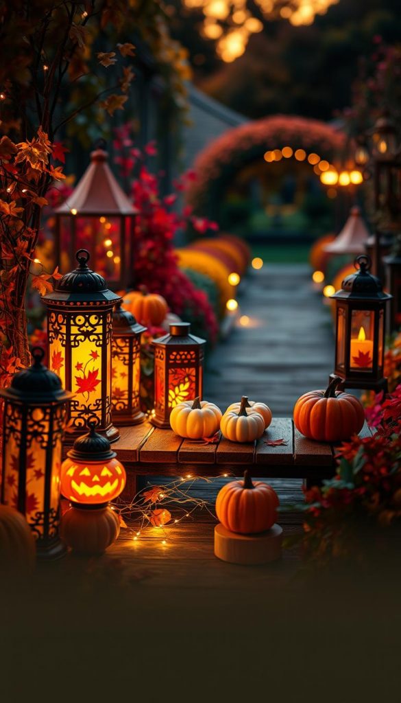 Create a cozy and inviting scene centered around seasonal lanterns that captures the essence of autumn and Halloween. In the foreground, showcase a collection of beautifully crafted lanterns in warm hues of orange, yellow, and deep red, with intricate designs that reflect falling leaves and Halloween motifs. In the middle ground, a wooden table is adorned with pumpkin decor, surrounded by twinkling fairy lights to enhance the ambiance. The background features a softly illuminated garden pathway lined with colorful foliage, bathed in the golden glow of sunset. Use soft lighting to create a warm, nostalgic atmosphere. Capture the image at a slight angle to emphasize depth, ensuring a Pinterest-inspired aesthetic. Brand presence should subtly include "KlickKiste" within the composition, enhancing the overall inspirational feel.
