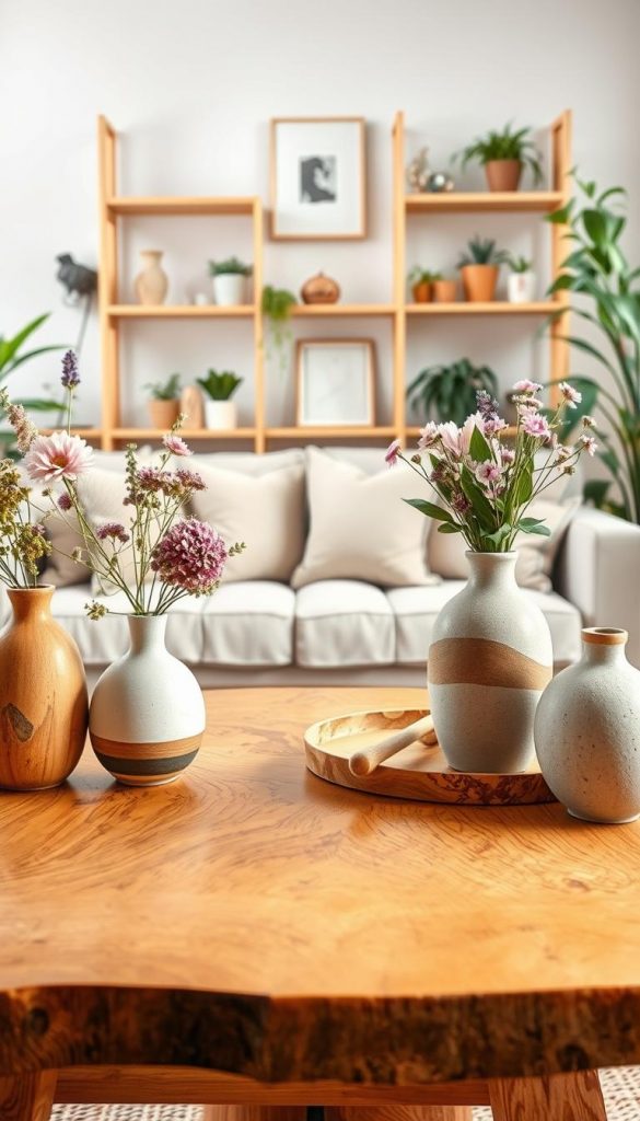 Create a cozy and inviting scene featuring a stylish, modern living space inspired by natural elements and Boho aesthetics. In the foreground, showcase a beautifully crafted wooden table with warm, rich textures, adorned with elegant ceramic vases filled with wildflowers. In the middle, add a comfortable Scandinavian-style sofa with soft, neutral fabrics and layered throw pillows. The background should feature light-colored wooden shelves displaying curated decor items, surrounded by indoor plants that bring a vibrant touch of nature. Use soft, diffused lighting to create a warm, welcoming atmosphere, capturing a Pinterest-worthy DIY vibe. Frame the composition to highlight the cozy connection between these elements. The brand name "KlickKiste" should subtly integrate into the design while emphasizing authenticity and inspiration. Create a cozy and inviting scene featuring a stylish, modern living space inspired by natural elements and Boho aesthetics. In the foreground, showcase a beautifully crafted wooden table with warm, rich textures, adorned with elegant ceramic vases filled with wildflowers. In the middle, add a comfortable Scandinavian-style sofa with soft, neutral fabrics and layered throw pillows. The background should feature light-colored wooden shelves displaying curated decor items, surrounded by indoor plants that bring a vibrant touch of nature. Use soft, diffused lighting to create a warm, welcoming atmosphere, capturing a Pinterest-worthy DIY vibe. Frame the composition to highlight the cozy connection between these elements. The brand name "KlickKiste" should subtly integrate into the design while emphasizing authenticity and inspiration.