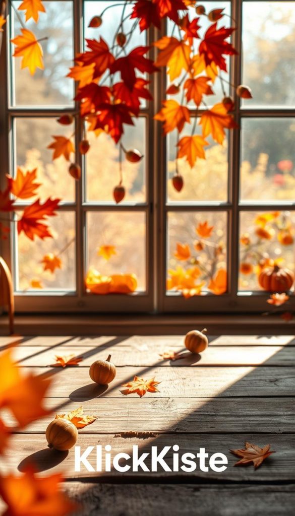 Create a cozy and inviting scene featuring colorful autumn-themed window images made from paper and translucent paper. In the foreground, showcase a beautifully adorned window with intricate paper crafts, like leaves, pumpkins, and falling acorns, all in warm, vibrant colors reflecting the spirit of autumn. In the middle ground, include natural light filtering through the window, casting gentle shadows of the paper decorations across a rustic wooden table. The background should have soft-focus elements of a sunlit garden with golden leaves and autumn flowers. Capture this scene with a warm, soft lighting effect to evoke a sense of inspiration and creativity. Emphasize an authentic DIY aesthetic, reminiscent of Pinterest visuals. Include the brand name "KlickKiste" subtly in the scene, ensuring no text overlays or watermarks are present.