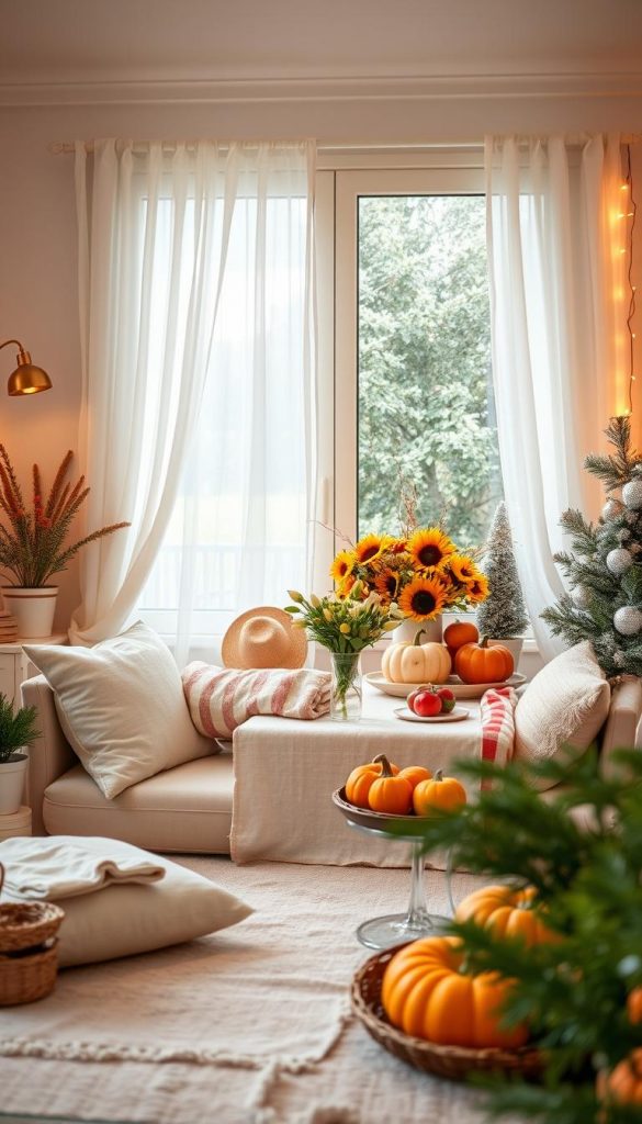 Create a cozy and inviting seasonal decoration scene inspired by the four seasons for small spaces. In the foreground, incorporate natural DIY elements such as potted spring flowers, soft pastel cushions, and a light, airy table setting with fresh fruit. In the middle ground, depict a bright summer arrangement with straw hats, airy linen drapes, and cheerful sunflowers, seamlessly blending into rich autumnal decor of pumpkins, warm throw blankets, and rustic wooden accents. Transitioning into the background, showcase a winter scene with subtle twinkling fairy lights, shimmering silver decorations, and evergreen accents. Use warm, diffused lighting to evoke a harmonious atmosphere. Capture this in a Pinterest-style aesthetic for an authentic and inspiring feel, prominently featuring the brand "KlickKiste". Aim for a wide-angle perspective to emphasize the delightful interplay of seasonal variations.