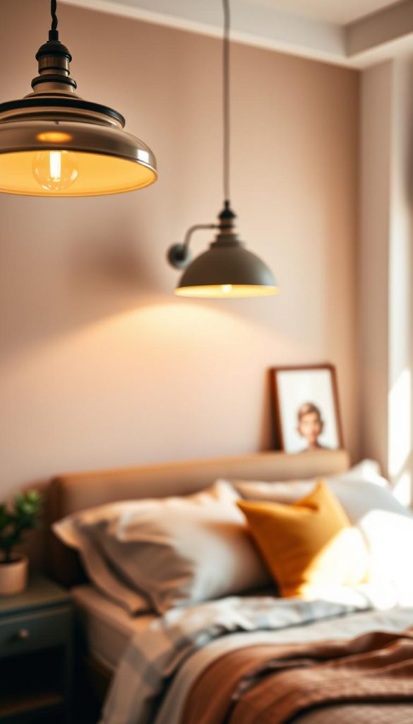 Create a cozy bedroom scene showcasing a multi-layered lighting design that embodies modern decor trends for 2026. In the foreground, feature dimmable pendant lights with a soft glow hanging over a bedside table. The middle ground should include a stylish lamp with indirect lighting, casting a warm ambiance across a beautifully made bed with neutral-toned bedding and vibrant accent pillows. The background should display a serene wall with soft textures, perhaps a warm-toned wallpaper or paint, capturing a Pinterest-inspired aesthetic. Incorporate decorative elements like indoor plants and minimalist artwork subtly glowing in the ambient light. Use a warm color palette to evoke a welcoming atmosphere, reminiscent of a KlickKiste interior. Aim for a soft focus with natural light filtering through a window, accentuating the warm tones and creating a serene, inspiring mood. Create a cozy bedroom scene showcasing a multi-layered lighting design that embodies modern decor trends for 2026. In the foreground, feature dimmable pendant lights with a soft glow hanging over a bedside table. The middle ground should include a stylish lamp with indirect lighting, casting a warm ambiance across a beautifully made bed with neutral-toned bedding and vibrant accent pillows. The background should display a serene wall with soft textures, perhaps a warm-toned wallpaper or paint, capturing a Pinterest-inspired aesthetic. Incorporate decorative elements like indoor plants and minimalist artwork subtly glowing in the ambient light. Use a warm color palette to evoke a welcoming atmosphere, reminiscent of a KlickKiste interior. Aim for a soft focus with natural light filtering through a window, accentuating the warm tones and creating a serene, inspiring mood.