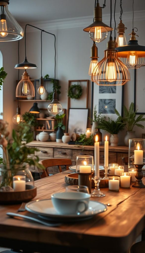 Create a cozy interior scene that highlights "proportionen leuchten" in a harmonious blend of natural DIY elements. In the foreground, feature warm wooden accents, such as a rustic table adorned with candles and a stylish mix of tableware. The middle ground should showcase various elegant light fixtures, each varying in size and style—some contemporary, others vintage—illuminating the space softly. In the background, include a tastefully decorated wall with greenery and art pieces, all bathed in warm, ambient lighting to enhance the inviting atmosphere. The lens should capture this arrangement from a slightly elevated angle, emphasizing balance and proportion. Aim for a Pinterest-worthy aesthetic that feels both authentic and inspiring, highlighting how "KlickKiste" style can enhance a cozy ambiance. Create a cozy interior scene that highlights "proportionen leuchten" in a harmonious blend of natural DIY elements. In the foreground, feature warm wooden accents, such as a rustic table adorned with candles and a stylish mix of tableware. The middle ground should showcase various elegant light fixtures, each varying in size and style—some contemporary, others vintage—illuminating the space softly. In the background, include a tastefully decorated wall with greenery and art pieces, all bathed in warm, ambient lighting to enhance the inviting atmosphere. The lens should capture this arrangement from a slightly elevated angle, emphasizing balance and proportion. Aim for a Pinterest-worthy aesthetic that feels both authentic and inspiring, highlighting how "KlickKiste" style can enhance a cozy ambiance.