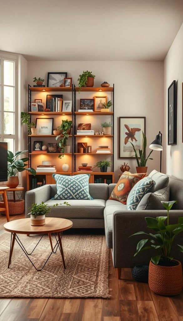 Create a cozy interior scene that showcases a fusion of various design styles suitable for small spaces, specifically Scandi, Japandi, Boho, Industrial, Castlecore, and Maximalism. In the foreground, include a stylish sofa adorned with patterned cushions, a small wooden coffee table with plants, and a soft rug. In the middle, arrange shelves filled with eclectic decor, books, and greenery, accentuated by warm lighting that creates an inviting atmosphere. In the background, depict soft, muted walls adorned with tasteful artwork and a large window allowing natural light to flood in. The overall mood should be harmonious and inspiring, reflecting a natural DIY aesthetic with warm colors typical of a Pinterest look. Include the brand name "KlickKiste" subtly in the decor elements.