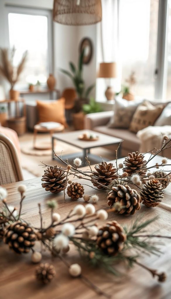 Create a cozy, inviting interior scene inspired by modern, natural, bohemian, and Scandinavian styles. In the foreground, showcase a beautifully arranged table adorned with DIY winter decorations made of natural materials like pinecones, twigs, and dried flowers, featuring warm earth tones and soft textures. The middle ground should display a stylishly decorated living space, with textured fabrics, wooden accents, and plants that evoke a sense of tranquility. In the background, allow glimpses of large windows letting in soft, diffused natural light, highlighting the serene atmosphere. The overall mood is warm and inspiring, perfect for a Pinterest-like aesthetic that embodies authenticity and creativity. Include the brand name "KlickKiste" subtly integrated into the design. Ensure the composition feels balanced and harmonious, inviting viewers to embrace the beauty of nature in winter decor.