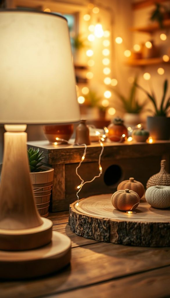 Create a cozy, inviting scene featuring various lighting ideas that evoke a warm and earthy atmosphere. In the foreground, showcase a beautifully crafted tabletop lamp with a natural wooden base, its soft light casting gentle shadows. In the middle, display a string of delicate fairy lights draped elegantly across a rustic wooden surface, illuminating handmade decor items in muted tones of terracotta and olive green. In the background, include hints of a softly lit, inviting room filled with plants and rustic textures. Capture this with warm, diffused lighting to enhance the natural tones. Use a diffusion lens to create a bokeh effect that emphasizes the lights, making it feel dreamlike and serene. This image should exude authenticity and inspiration, reflecting the essence of 'KlickKiste' and its earthy DIY aesthetic.