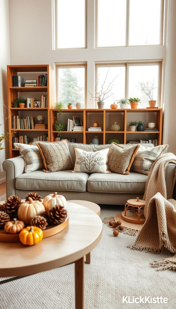Create a cozy living room scene featuring warm, inviting colors that evoke a natural DIY aesthetic, ideal for a "KlickKiste" inspiration piece. In the foreground, arrange a stylish coffee table adorned with seasonal decor elements such as pinecones, small pumpkins, and a soft, textured throw blanket. In the middle, position an elegant couch with a variety of decorated pillows, and a wooden bookshelf filled with curated books and small plants. The backdrop should include large windows allowing natural light to flood the space, highlighting the soft texture of the walls and enhancing a welcoming atmosphere. Use soft, diffused lighting to create a serene, homey mood, and capture the essence of autumn with subtle seasonal touches, ensuring a professional and authentic Pinterest-inspired composition.