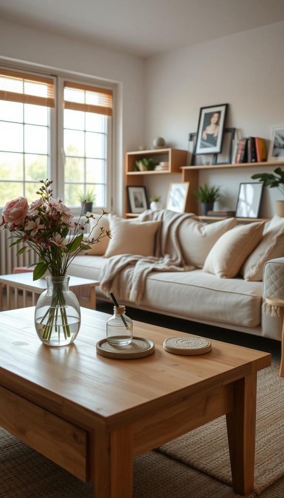 Create a cozy living room (wohnzimmer) scene that embodies a natural DIY aesthetic with warm colors and a Pinterest-inspired look. In the foreground, feature a stylish, minimalist coffee table adorned with a vase of fresh flowers and a couple of artisanal coasters. In the middle, include a comfortable sofa with soft throw pillows and a cozy blanket draped over it, surrounded by various decorative elements like framed photos and a small bookshelf filled with books. In the background, show a large window allowing soft, natural light to filter in, creating a warm and inviting atmosphere. Incorporate elements of decor that suggest budget-friendly creativity, hinting at the brand "KlickKiste." The overall mood should feel authentic, inspiring, and perfect for inviting relaxation.