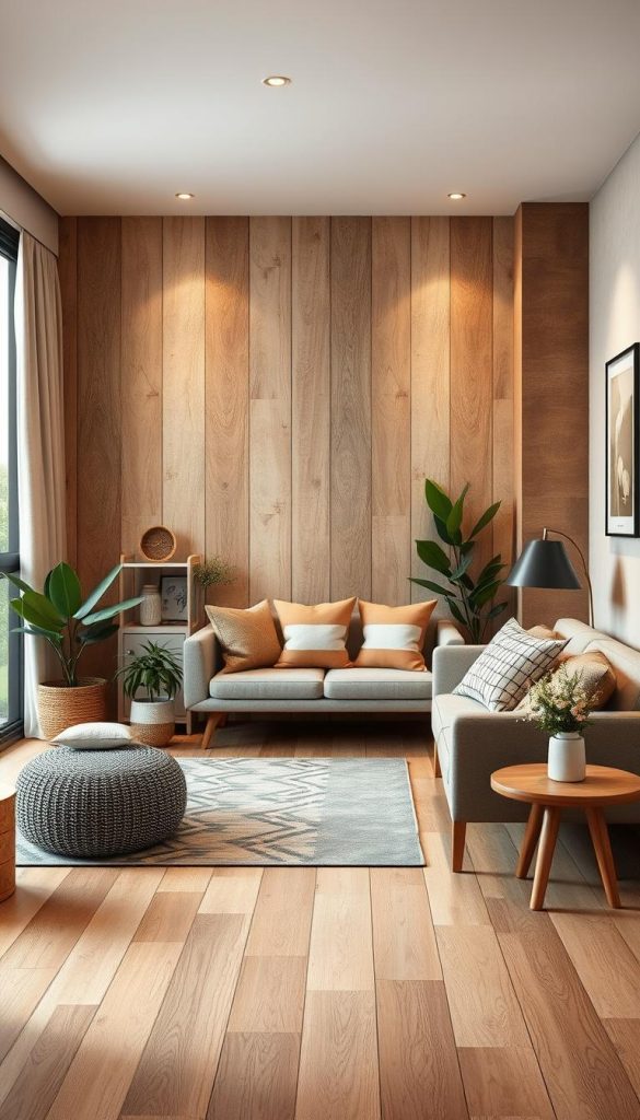 Create a cozy, natural living space showcasing modern wall design trends for various rooms like a living room, bedroom, kitchen, hallway, and balcony. In the foreground, display a beautifully decorated wall, textured with warm colors and inviting patterns, perhaps featuring wooden paneling, soft pastels, or DIY techniques for a Pinterest-inspired look. The middle of the scene should include tasteful furniture, like a stylish sofa or contemporary dining set, while plants and decorative elements add a touch of life. The background can include a softly lit window or balcony view with greenery, conveying a serene atmosphere. Use warm, dynamic lighting to enhance the inviting ambiance. The image should reflect authenticity and inspiration, representing the brand "KlickKiste" seamlessly integrated into the design theme. Create a cozy, natural living space showcasing modern wall design trends for various rooms like a living room, bedroom, kitchen, hallway, and balcony. In the foreground, display a beautifully decorated wall, textured with warm colors and inviting patterns, perhaps featuring wooden paneling, soft pastels, or DIY techniques for a Pinterest-inspired look. The middle of the scene should include tasteful furniture, like a stylish sofa or contemporary dining set, while plants and decorative elements add a touch of life. The background can include a softly lit window or balcony view with greenery, conveying a serene atmosphere. Use warm, dynamic lighting to enhance the inviting ambiance. The image should reflect authenticity and inspiration, representing the brand "KlickKiste" seamlessly integrated into the design theme.