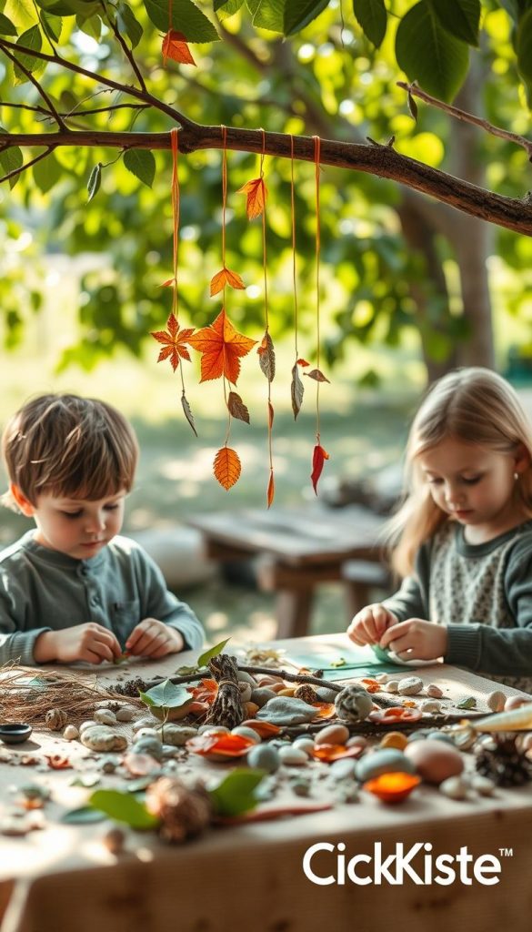 Create a cozy scene featuring children safely crafting with natural materials, such as leaves, twigs, and stones. In the foreground, two children, one boy and one girl, wear modest, casual clothing and focused expressions while working together at a table covered with various craft supplies. In the middle ground, colorful handmade decorations from their natural materials hang from a nearby tree branch, showcasing their creativity. The background reveals a sunlit, serene outdoor environment with soft, dappled light filtering through the leaves, enhancing the warm, inviting atmosphere. Capture this moment in a Pinterest-inspired style with soft focus, warm tones, and an authentic, inspiring feel. Include the subtle branding of "KlickKiste" integrated into the scene, reflecting the theme of safety and proper crafting techniques.