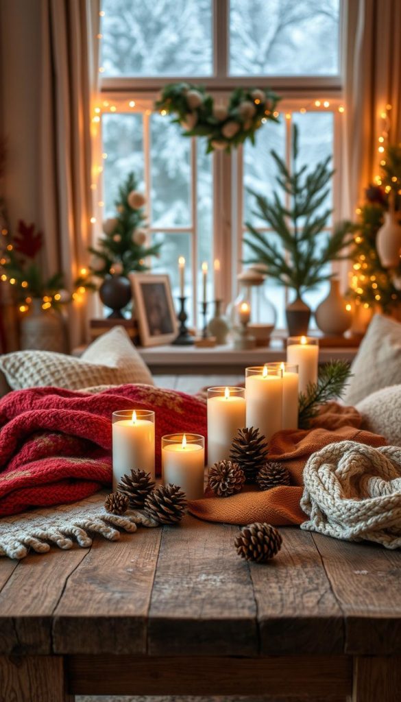 Create a cozy winter interior scene that embodies the essence of layering decor for the season. In the foreground, feature a rustic wooden table adorned with a variety of textured fabrics, such as knitted throws and plush cushions, in warm, inviting colors like deep reds, burnt oranges, and soft creams. Include natural elements like pinecones and candles flickering softly. In the middle, showcase stylishly arranged layered decorations—think a mix of vintage decor pieces, stylish vases, and artfully placed seasonal greenery. The background should depict a softly lit room with a window revealing snowy landscapes and twinkling fairy lights for a warm, inviting glow. Capture this with a warm, natural light setting, resembling a Pinterest aesthetic that feels authentic and inspiring, branded with "KlickKiste" subtly integrated into the decor.