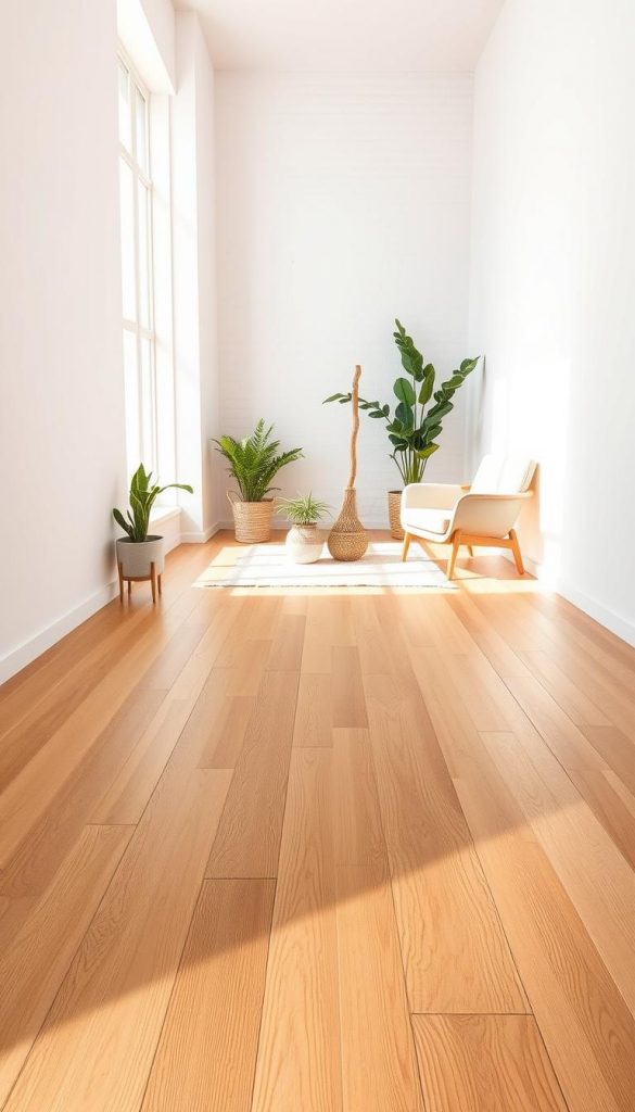 Create a minimalistic interior scene showcasing seamless continuity between floor and wall, emphasizing a sense of spaciousness. The foreground features a warm wooden floor with subtle grain patterns, transitioning smoothly into soft, textured white walls. In the middle ground, include carefully arranged potted plants and minimalist furniture, showcasing natural materials. The background should present a large window allowing soft, diffused sunlight to flood the room, creating gentle shadows and highlighting the textures. Use a wide-angle lens perspective to capture the entire space, enhancing the feeling of openness. The mood should be warm, inviting, and inspiring, reflecting a DIY aesthetic with a Pinterest-inspired vibe. Include subtle branding by incorporating a "KlickKiste" product subtly within the decor.