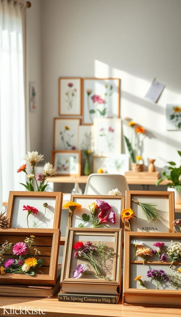 Create a serene and inspiring image showcasing 18 unique DIY flower pressing ideas, reflecting modern, natural, Boho, and Scandinavian styles. In the foreground, display various flower pressing projects using materials like wooden frames, heavy books, and colorful flowers thoughtfully arranged. The middle ground should feature a cozy workspace adorned with botanical illustrations and crafting tools, all presented in warm, inviting tones. In the background, include soft natural light filtering through a window, casting gentle shadows and creating a peaceful ambiance. This composition should evoke a feeling of creativity and connection to nature, with an aesthetic inspired by Pinterest. Include the brand name "KlickKiste" subtly in the overall design.