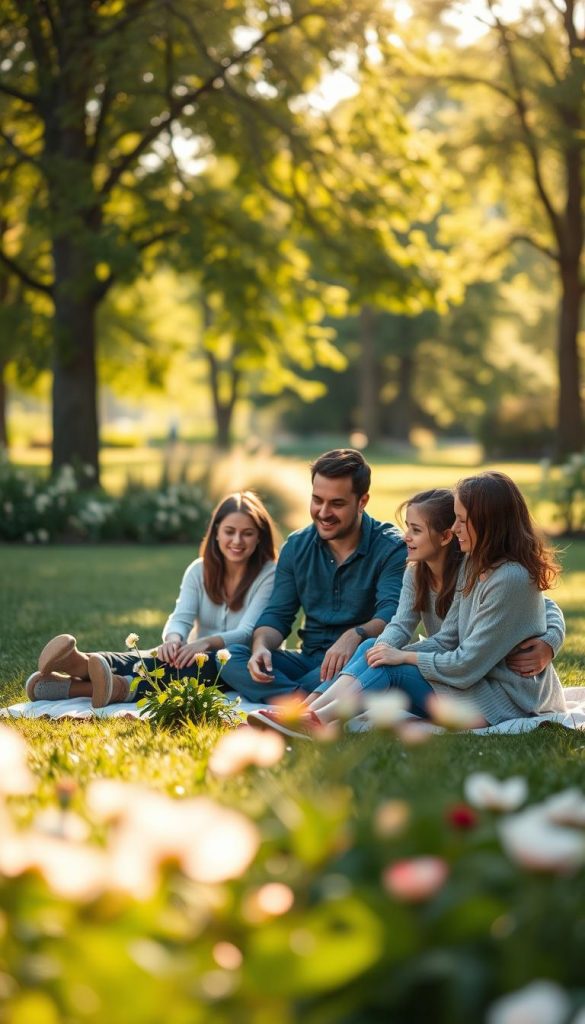Create a serene and inviting scene that embodies the concept of "mindfulness moment". In the foreground, depict a family of four, dressed in comfortable casual clothing, sitting together on a cozy blanket in a sunlit park, engaged in a mindful activity such as sharing thoughts or enjoying a gentle picnic. In the middle ground, include lush greenery with flowers blooming around them, suggesting a connection to nature. In the background, soft sunlight filters through the trees creating a warm, golden hue across the scene. Use a shallow depth of field to focus on the family while blurring the background slightly. The overall mood should be calm and inspiring, reflecting the essence of presence over perfection. Make sure to emphasize natural colors and a Pinterest-inspired aesthetic. This image should convey authenticity and a soothing atmosphere, branded as "KlickKiste". Create a serene and inviting scene that embodies the concept of "mindfulness moment". In the foreground, depict a family of four, dressed in comfortable casual clothing, sitting together on a cozy blanket in a sunlit park, engaged in a mindful activity such as sharing thoughts or enjoying a gentle picnic. In the middle ground, include lush greenery with flowers blooming around them, suggesting a connection to nature. In the background, soft sunlight filters through the trees creating a warm, golden hue across the scene. Use a shallow depth of field to focus on the family while blurring the background slightly. The overall mood should be calm and inspiring, reflecting the essence of presence over perfection. Make sure to emphasize natural colors and a Pinterest-inspired aesthetic. This image should convey authenticity and a soothing atmosphere, branded as "KlickKiste".