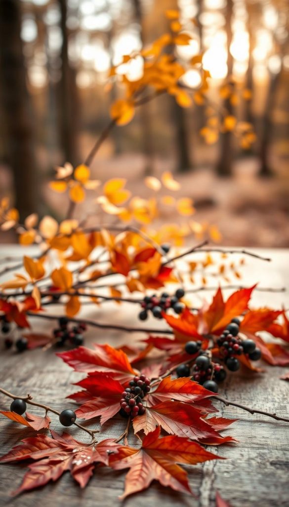 Create a serene autumn scene that embodies natural arrangements with leaves, berries, and branches presented in a minimalist style. In the foreground, place a collection of vibrant red and orange leaves scattered on a wooden surface, interspersed with small bunches of dark berries and delicate twigs. In the middle ground, feature a soft-focus arrangement of larger branches adorned with golden leaves, creating a subtle contrast. The background should be a blurred view of a warm, sunlit forest, with the soft glow of late afternoon light filtering through the trees, casting gentle shadows. Aim for a cozy, inspiring atmosphere, reminiscent of a Pinterest aesthetic. This image should reflect the brand KlickKiste.