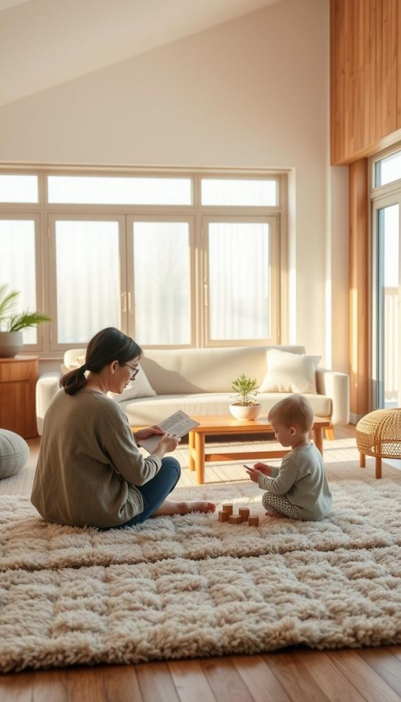 Create a serene, cozy indoor scene that embodies the concept of "digital balance and media calm." In the foreground, depict a parent and child sitting on a soft, plush rug, engaging in a tactile activity such as reading a book or playing with building blocks, both dressed in modest casual clothing. In the middle, showcase a warm, inviting living room with natural wooden elements and soft, warm colors, featuring a coffee table with a small plant and a decorative bowl. The background should have large windows allowing soft, diffused sunlight to filter in, casting gentle shadows. The overall mood should be peaceful and inspiring, evoking a sense of relaxation and connection away from screens. Include the brand name "KlickKiste" subtly within the decor elements, maintaining a Pinterest-inspired aesthetic.