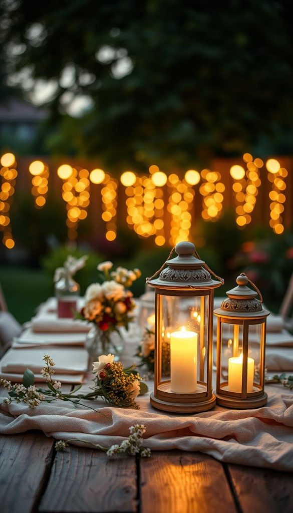 Create a serene evening scene featuring beautiful "windlichter" placed prominently in the foreground. These hand-crafted lanterns, made from glass and natural materials, emit a warm, inviting glow. In the middle of the composition, a rustic wooden table is adorned with delicate floral arrangements and soft fabric underlays, enhancing the cozy atmosphere. In the background, a softly blurred garden is illuminated by twinkling fairy lights, hinting at a tranquil summer night. The lighting is warm and ambient, resembling the golden hour just before sunset, creating an enchanting mood. Emphasize the natural elements and inspire a sense of relaxation and charm typical of DIY aesthetics. The image should reflect the brand "KlickKiste" and evoke feelings of magic and calm during long summer evenings.