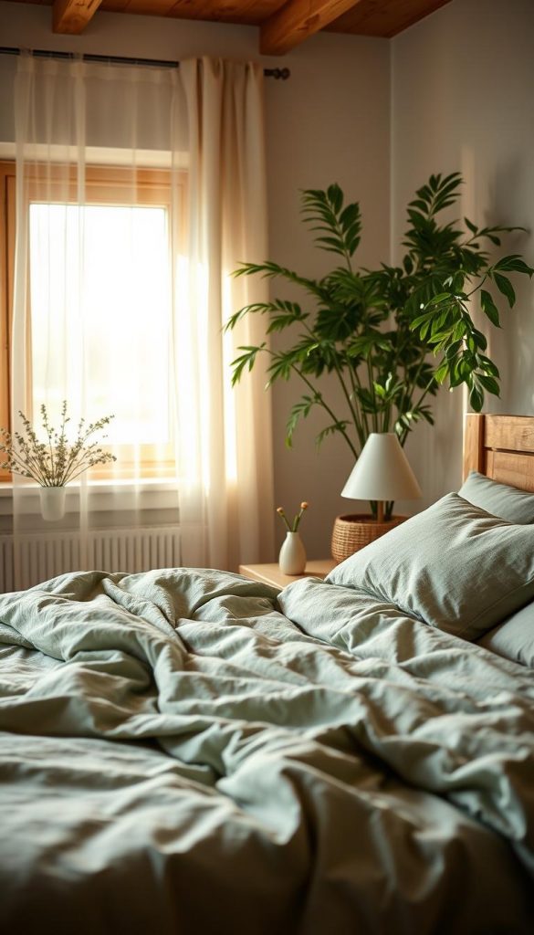 Create a serene "natur schlafzimmer" image that embodies tranquility and summer vibes, perfect for a nature-inspired decor theme. In the foreground, depict a cozy bed adorned with soft, textured linens in muted greens and earth tones, harmonizing with natural wood accents. To the side, a small bedside table hosts a delicate vase filled with fresh wildflowers, releasing a calming scent. The middle ground features a sunlit window draped with sheer fabric that diffuses warm light, casting gentle shadows across the room. In the background, lush indoor plants add a vibrant touch, contributing to the peaceful atmosphere. Use soft, natural lighting to enhance the inviting mood. Incorporate a Pinterest aesthetic that feels authentic and inspiring, showcasing a space curated by "KlickKiste" that encourages relaxation and rejuvenation.