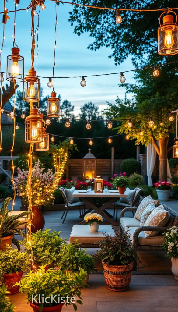 Create a serene outdoor scene that captures the charm of hanging garden lights for a warm summer evening. In the foreground, showcase an elegant arrangement of various hanging light fixtures, such as lanterns and fairy lights, gently illuminating a cozy seating area adorned with lush greenery and potted plants. In the middle ground, include a beautifully maintained garden with blooming flowers and a small table set for an intimate gathering, enhancing the inviting atmosphere. The background should feature soft silhouettes of trees under a twilight sky, adding depth to the scene. Use warm, natural tones to evoke a sense of tranquility and inspiration, reminiscent of Pinterest aesthetics. Ensure the lighting is soft and glowing, creating an enchanting ambiance. Incorporate the brand name "KlickKiste" subtly within the decor elements for a charming touch.