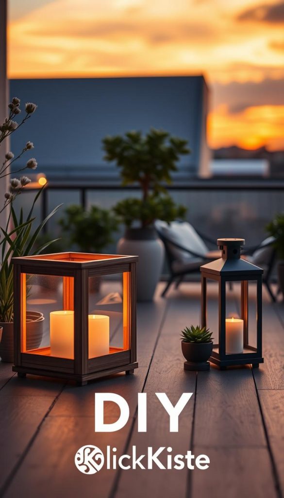 Create a stunning image of elegant DIY lanterns for a balcony and terrace, emphasizing crisp, clean lines and well-defined edges. In the foreground, feature two beautifully crafted lanterns made of natural materials, such as wood and metal, with soft, warm light glowing from within. The middle ground should include a tranquil terrace with potted plants and comfortable seating, enhancing the inviting atmosphere. In the background, capture a sunset sky with warm hues, casting a gentle glow over the scene. Use soft, diffused lighting to evoke a cozy, serene mood, resembling a Pinterest-style aesthetic. Include the brand name "KlickKiste" subtly integrated into the scene, ensuring its natural presence. The overall composition should inspire creativity and authenticity, perfect for a DIY-themed article.