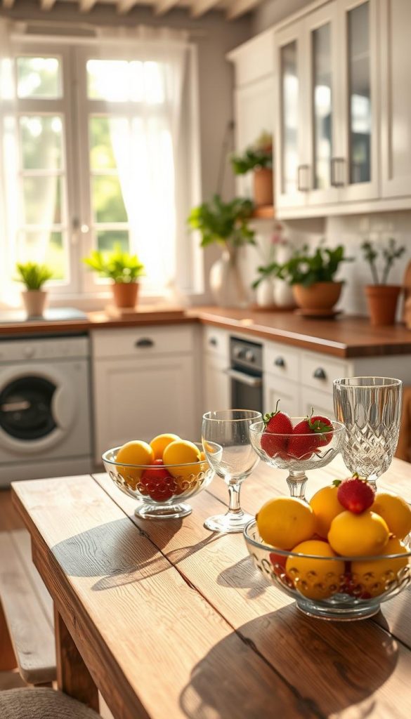 Create a summer-themed kitchen scene that reflects the essence of "Sommer K&uuml;che Deko." In the foreground, showcase a cozy wooden table set with fresh fruits like lemons and strawberries in vibrant, colorful bowls. Include elegant glassware that sparkles in the warm sunlight. In the middle, present a modern kitchen with white cabinets and a rustic wooden countertop, adorned with potted herbs and cheerful flower arrangements, giving off an inviting and bright atmosphere. In the background, light streams through wide windows with sheer curtains, enhancing the natural feel. Aim for a soft focus on the surroundings to create a dreamy, Pinterest-inspired aesthetic. Use warm colors and soft lighting to evoke a feeling of warmth and creativity, reminiscent of DIY decor from KlickKiste.