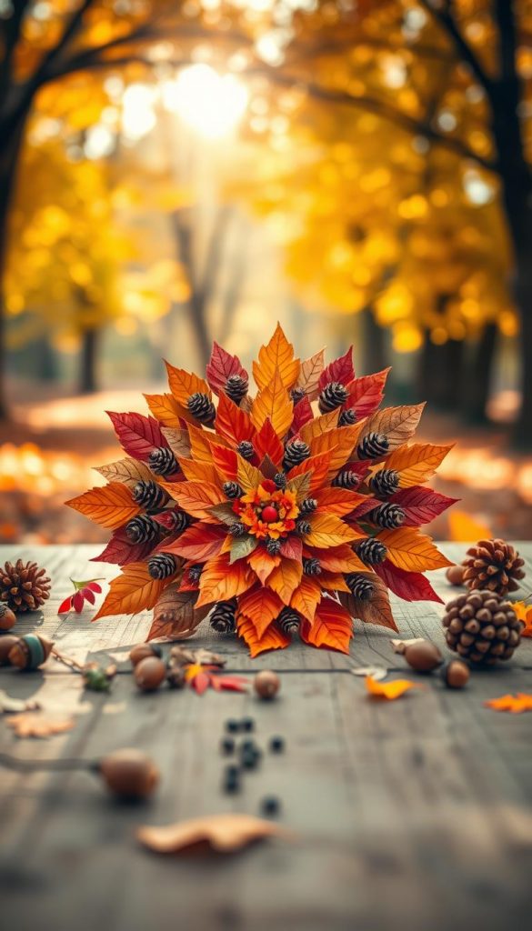 Create a tranquil scene centered around a nature mandala made from autumn leaves, pine cones, acorns, and colorful flowers. In the foreground, showcase the intricately arranged mandala, brilliantly displaying symmetry and vibrant hues of orange, red, and yellow against a rustic wooden surface. In the middle ground, feature scattered natural treasures, hinting at a playful crafting process. The background should include softly blurred trees with autumn foliage, bathed in warm, golden sunlight filtering through the branches, creating an inviting and serene atmosphere. Capture this image from a slightly elevated angle to highlight the circular design of the mandala, ensuring it invokes a sense of warmth and inspiration, ideal for a cozy fall crafting day. Include the brand name "KlickKiste" subtly integrated into the scene without any text overlays, ensuring a Pinterest-worthy aesthetic.