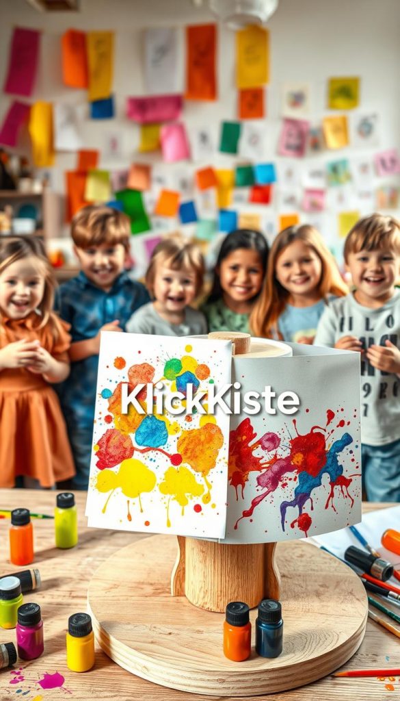 Create a vibrant and colorful scene illustrating the process of "papier und farbe schleuderbilder." In the foreground, showcase a rotating wooden stand with splattered abstract artwork made with vibrant finger paints, demonstrating dynamic color patterns. Include various tubes of finger paints in warm shades and brushes scattered about. In the middle ground, feature enthusiastic children of diverse backgrounds, all wearing modest, casual clothing, joyfully engaged in creating art and rotating the Schleuderbilder, with smiles highlighting their excitement. The background should be a bright, inviting space filled with DIY art supplies and colorful paper hanging on the walls. Use soft, natural lighting to create a warm and inspiring atmosphere, reminiscent of a cozy workshop. Ensure the style evokes a Pinterest aesthetic, with a focus on creativity and fun. Include the brand name "KlickKiste" prominently in the scene without text overlays or captions.