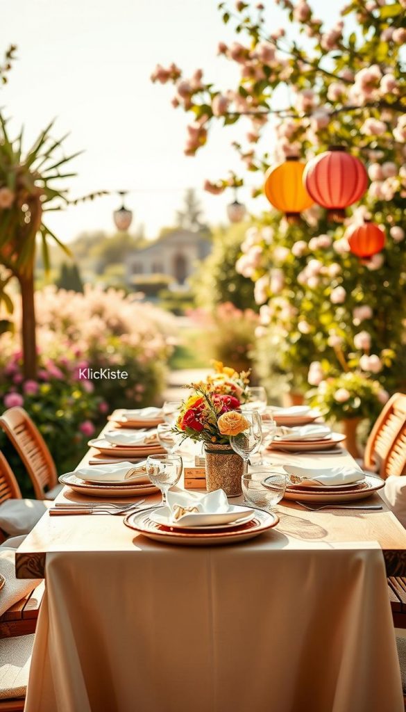 Create a vibrant and inspiring summer table setting that showcases various styles and mottos for summer parties. In the foreground, display a beautifully arranged table featuring elements from different themes: Scandi with minimalistic tableware, Boho with layered textiles and earthy accents, Beach with seashells and light fabrics, 20s with elegant glassware and vintage decor, All-White with crisp linens and greenery, and Asian Night with intricate dishes and lanterns. The middle ground should seamlessly blend these elements, while the background includes a soft-focus garden setting with blooming flowers and warm sunlight filtering through, creating a joyful atmosphere. Utilizing natural lighting and a warm color palette, aim for a Pinterest-worthy aesthetic. Include the brand name "KlickKiste" subtly within the scene. Create a vibrant and inspiring summer table setting that showcases various styles and mottos for summer parties. In the foreground, display a beautifully arranged table featuring elements from different themes: Scandi with minimalistic tableware, Boho with layered textiles and earthy accents, Beach with seashells and light fabrics, 20s with elegant glassware and vintage decor, All-White with crisp linens and greenery, and Asian Night with intricate dishes and lanterns. The middle ground should seamlessly blend these elements, while the background includes a soft-focus garden setting with blooming flowers and warm sunlight filtering through, creating a joyful atmosphere. Utilizing natural lighting and a warm color palette, aim for a Pinterest-worthy aesthetic. Include the brand name "KlickKiste" subtly within the scene.