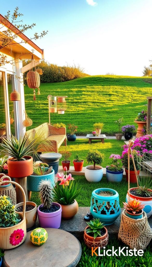 Create a vibrant and inviting garden scene that embodies a blend of modern, natural, Boho, and Scandinavian styles. In the foreground, display colorful DIY garden decorations made from natural materials such as wood, stone, and recycled items, including planters and hanging ornaments. In the middle ground, arrange a variety of potted plants and flowering shrubs with warm hues, complemented by a cozy seating area that invites relaxation. The background should feature a lush green lawn with a clear blue sky, softly illuminated by golden hour lighting, casting gentle shadows. Capture an authentic, inspirational atmosphere reminiscent of Pinterest aesthetics, showcasing DIY creativity and harmonious color schemes. Include subtle branding elements of "KlickKiste" in the scene.