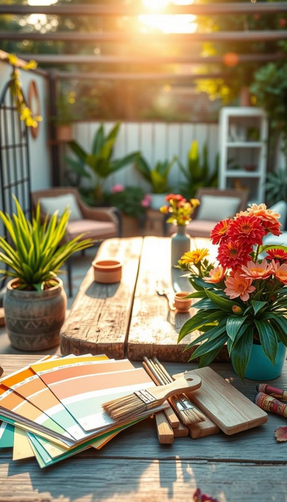 Create a vibrant and inviting summer-themed image showcasing a beautiful color palette inspired by summer vibes, with hues ranging from Aqua to Apricot. In the foreground, include an artistic arrangement of paint swatches and DIY materials, such as brushes and small wooden boards, displaying the warm colors of a summer sunset. The middle ground should feature a stylish, rustic wooden table adorned with tropical plants and vibrant flowers, emphasizing a creative atmosphere. In the background, include a sunlit outdoor setting, such as a cozy garden or patio, bathed in soft natural light, evoking a sense of warmth and inspiration. Capture this scene with a soft-focus lens and a warm color gradient to enhance the overall mood. This image should reflect the brand KlikKiste's ethos of authenticity and inspiration in DIY summer decor. Create a vibrant and inviting summer-themed image showcasing a beautiful color palette inspired by summer vibes, with hues ranging from Aqua to Apricot. In the foreground, include an artistic arrangement of paint swatches and DIY materials, such as brushes and small wooden boards, displaying the warm colors of a summer sunset. The middle ground should feature a stylish, rustic wooden table adorned with tropical plants and vibrant flowers, emphasizing a creative atmosphere. In the background, include a sunlit outdoor setting, such as a cozy garden or patio, bathed in soft natural light, evoking a sense of warmth and inspiration. Capture this scene with a soft-focus lens and a warm color gradient to enhance the overall mood. This image should reflect the brand KlikKiste's ethos of authenticity and inspiration in DIY summer decor.