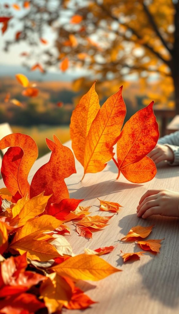 Create a vibrant and textured collage of autumn leaves in warm hues of orange, red, and yellow, layered intricately to form whimsical leaf animals like squirrels and butterflies. In the foreground, showcase a collection of beautifully arranged leaves, some gently curled and others flat, with glimmers of sunlight reflecting off their surfaces. The middle ground should feature a soft wooden table, adorned with small children's hands engaged in crafting, adding a sense of playfulness and creativity. The background should blur softly to reveal an autumn landscape with gently falling leaves, creating a warm, inviting atmosphere. Capture the essence of a natural DIY scene with a Pinterest aesthetic. Ensure the overall mood is authentic and inspiring, embodying the brand "KlickKiste" through the use of texture and color interplay.