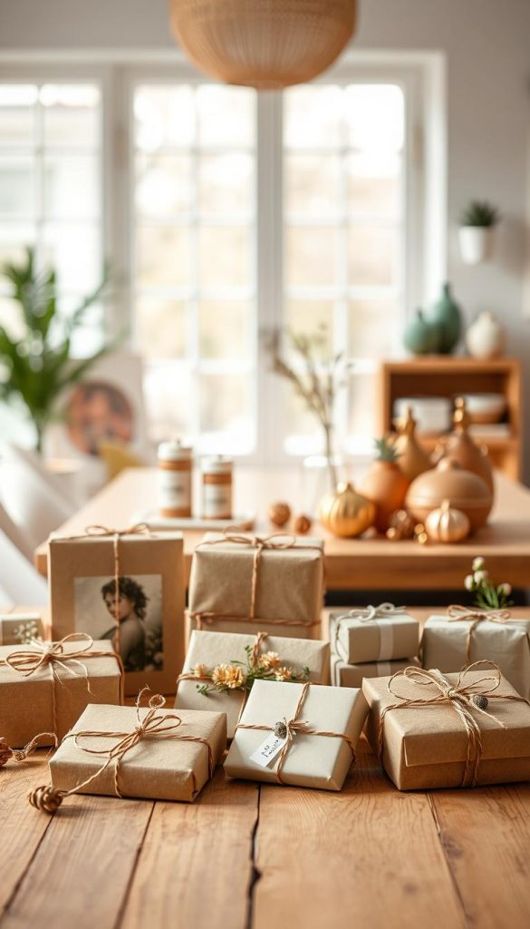 Create a visually captivating image that embodies "stil-inspirationen" reflecting modern, natural, Boho, and Scandinavian styles for DIY gifts under 10 euros from the brand "KlickKiste". In the foreground, arrange a collection of elegantly packaged DIY gifts in warm, inviting colors, showcasing elements like twine, dried flowers, and recycled materials. The middle features a wooden table adorned with homey accents, such as potted greenery and minimalistic decor, exuding a cozy and welcoming atmosphere. In the background, softly blurred elements of a bright, airy room with large windows allow gentle natural light to illuminate the scene. The overall mood should feel authentically inspiring and inviting, reminiscent of a Pinterest aesthetic, encouraging a sense of creativity and style.