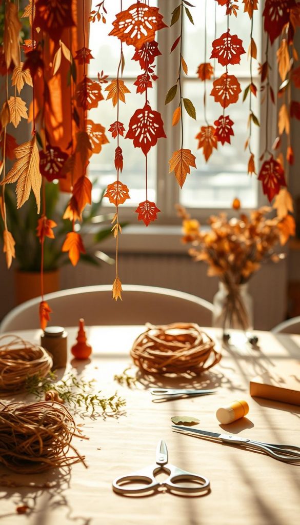 Create a visually striking image of an artistic display of paper garlands in earthy tones, featuring shades of terracotta, olive green, and warm browns. In the foreground, a close-up of delicate, handmade paper garlands gently swaying, adorned with intricate cut-out designs. The middle ground showcases an elegantly arranged crafting workspace with natural materials like twine and leaves, complemented by a set of scissors and glue. In the background, soft, diffused sunlight filters through a window, casting warm, inviting shadows that enhance the cozy atmosphere. The overall mood is tranquil and creative, reflecting a DIY aesthetic that is both authentic and inspiring. Ensure the style aligns with the aesthetic of "KlickKiste," emphasizing natural, warm colors and a Pinterest-worthy look.