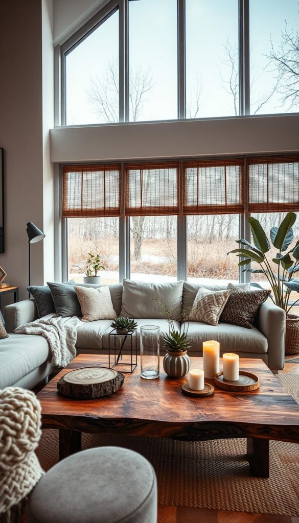 Create a visually striking image showcasing a modern living room that embodies various "wohnstile" or interior styles predicted to boom in 2026. In the foreground, a cozy seating area with a plush, neutral-toned sofa, adorned with textured cushions and a soft throw, invites relaxation. The middle section features a stylish coffee table made from reclaimed wood paired with elegant decor items, including candles and unique plant arrangements. In the background, large windows flood the room with warm, natural light, enhancing the inviting atmosphere. Use a wide-angle lens to capture the harmonious blend of Scandinavian minimalism, bohemian charm, and rustic accents. The color palette should be warm and earthy, promoting an authentic and inspiring Pinterest aesthetic. This image will reflect KlickKiste's vision of natural DIY design trends.