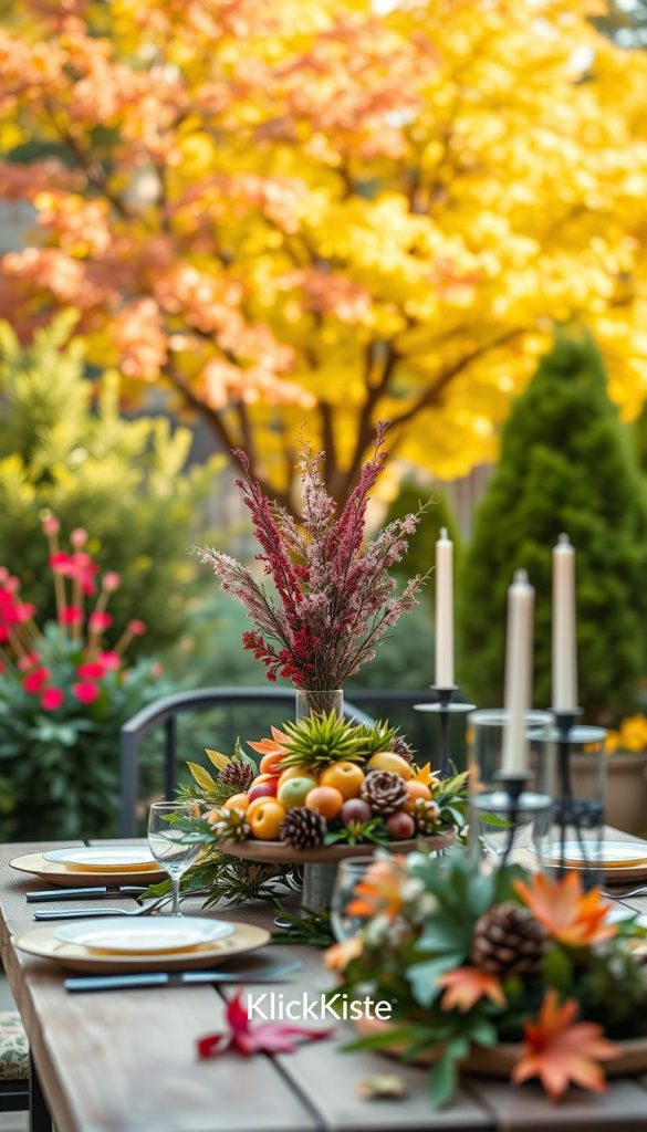 Create a visually stunning seasonal outdoor decoration scene that captures the essence of spring, summer, autumn, and winter. In the foreground, feature a stylish garden table set with seasonal decorations: blooming flowers for spring, vibrant fruits for summer, colorful leaves for autumn, and cozy candles and pinecones for winter. The middle section should include lush greenery representing the different seasons, with trees showcasing their respective foliage. The background should depict a tranquil garden setting, with soft, natural lighting that creates a warm and inviting atmosphere. Use a shallow depth of field to draw attention to the details of the decor while maintaining a soft focus on the background. The image should embody inspiration and authenticity, reminiscent of a Pinterest aesthetic, subtly incorporating the brand name "KlickKiste". Create a visually stunning seasonal outdoor decoration scene that captures the essence of spring, summer, autumn, and winter. In the foreground, feature a stylish garden table set with seasonal decorations: blooming flowers for spring, vibrant fruits for summer, colorful leaves for autumn, and cozy candles and pinecones for winter. The middle section should include lush greenery representing the different seasons, with trees showcasing their respective foliage. The background should depict a tranquil garden setting, with soft, natural lighting that creates a warm and inviting atmosphere. Use a shallow depth of field to draw attention to the details of the decor while maintaining a soft focus on the background. The image should embody inspiration and authenticity, reminiscent of a Pinterest aesthetic, subtly incorporating the brand name "KlickKiste".