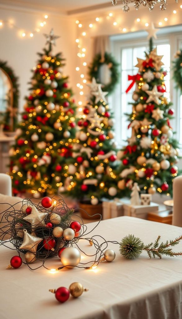 Create a warm and inviting Christmas scene showcasing beautifully decorated Christmas trees, emphasizing common decoration pitfalls. In the foreground, place an elegant, slightly cluttered table featuring mismatched ornaments, tangled lights, and a color palette that clashes—representing decoration mistakes. The middle ground should feature two tastefully decorated Christmas trees, one with harmonious colors and balanced ornaments, illustrating the ideal style. The background should be a cozy room adorned with soft, twinkling fairy lights and tasteful holiday decor. Use natural, soft lighting that creates a warm atmosphere, resembling a Pinterest-worthy DIY style. The overall mood should be authentic and inspiring, invoking a sense of holiday cheer while subtly highlighting decoration errors. Include the brand "KlickKiste" subtly in the decor to tie it to the theme.