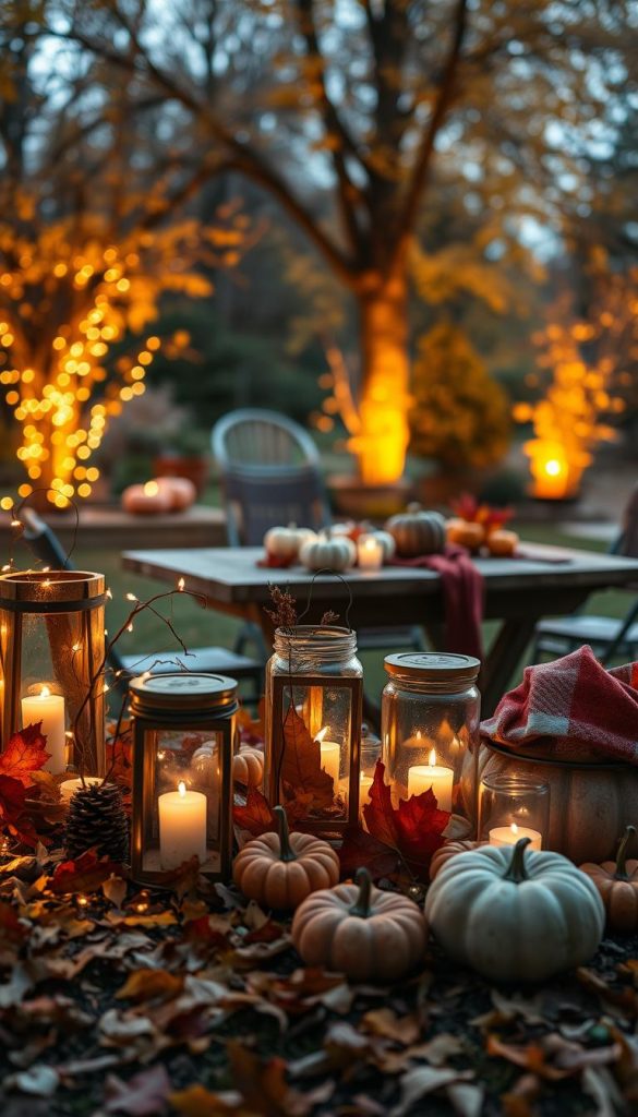 Create a warm and inviting image of a collection of DIY autumn lanterns for a fall evening setting. In the foreground, arrange various lanterns made from natural materials, like wood, glass jars, and leaves, each illuminated with soft candlelight. Include elements like twinkling fairy lights and cozy, colorful scarves draped beside the lanterns for added texture. The middle ground should feature a rustic wooden table set outdoors, surrounded by fallen leaves and pumpkins, enhancing the autumn feel. In the background, depict a softly lit garden with trees shedding golden leaves, creating an enchanting atmosphere. Capture the scene with a warm golden hour lighting, using a slightly blurred lens effect to evoke a dreamy Pinterest aesthetic. Ensure the overall mood is inspiring and authentic, reflecting the essence of "KlickKiste" DIY projects.