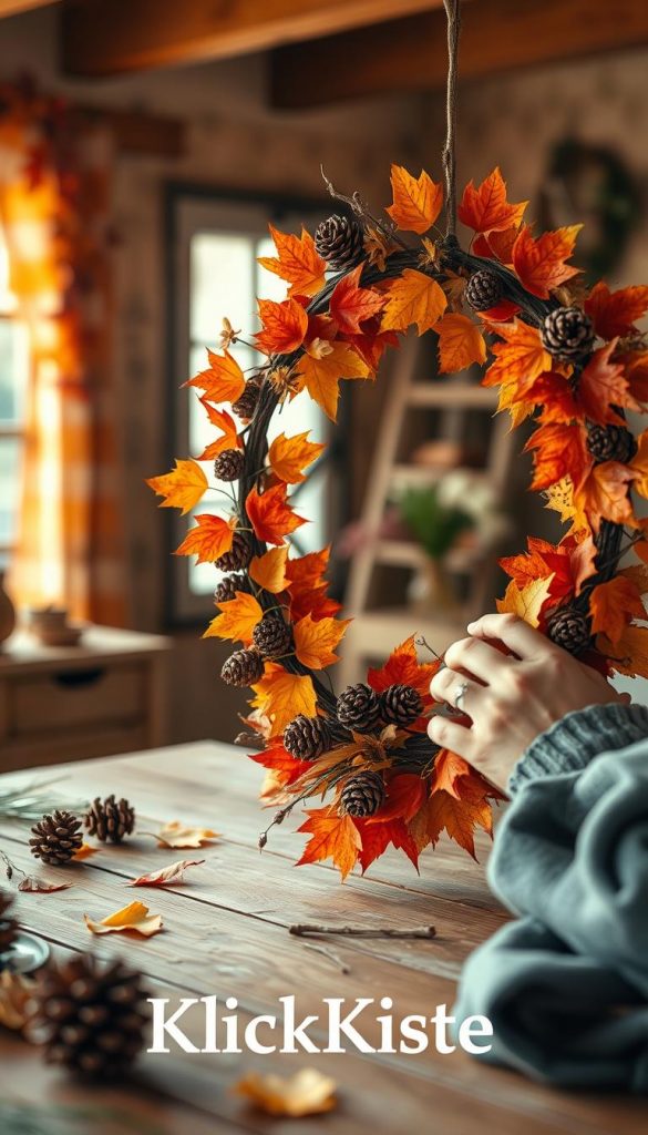 Create a warm and inviting image of a "herbstkranz," a traditional autumn wreath crafted from natural materials. In the foreground, depict the wreath adorned with vibrant fall leaves in shades of orange, yellow, and red, interspersed with pinecones and small twigs. The middle ground should feature a wooden table where hands are gently arranging these materials, showcasing a creative DIY project. In the background, softly blurred, include hints of a cozy, rustic interior with warm lighting, perhaps a window with autumn sunlight streaming in. Capture an inspiring and authentic atmosphere, reflecting the themes of sustainability and creativity. Emphasize a Pinterest-like aesthetic that feels both approachable and artistic. Ensure the image does not contain any text or logos but subtly represent the brand "KlickKiste."