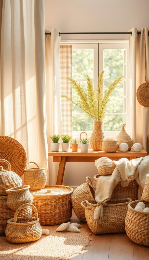 Create a warm and inviting image of natural materials, emphasizing earthy tones and textures that reflect the comforting aesthetics of home decor. In the foreground, feature a beautifully arranged display of baskets made from woven fibers, alongside soft linen drapes in muted shades of beige and soft greens. In the middle ground, include a wooden table adorned with small potted plants and natural fiber textiles, such as jute and cotton items, creating a cozy atmosphere. The background should have a sunlit window showcasing a gradient of warm natural light filtering through, casting soft shadows. Capture the essence of DIY charm with a Pinterest-inspired look, ensuring the overall mood is authentic and inspiring. Brand the image subtly with the name "KlickKiste".