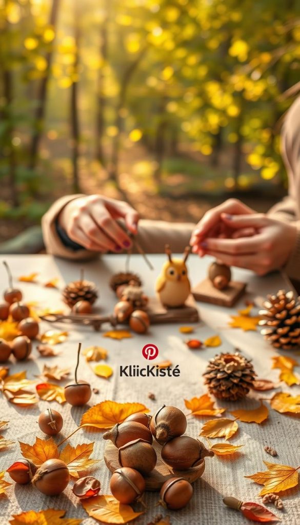 Create a warm and inviting image showcasing a collection of DIY crafts made from chestnuts, maple seeds, and pine cones. In the foreground, feature a beautifully arranged table with hands of an adult wearing modest casual clothing, crafting small figures using chestnuts and sticks. In the middle ground, display various completed nature-inspired decorations, such as a chestnut hedgehog and a pine cone owl, surrounded by scattered autumn leaves. The background should depict a soft-focus wooded environment illuminated by warm, golden sunlight filtering through green leaves, creating an enchanting atmosphere. Aim for a Pinterest-worthy aesthetic that feels authentic and inspiring. Include a small logo for "KlickKiste" subtly integrated into the scene without dominating the image.