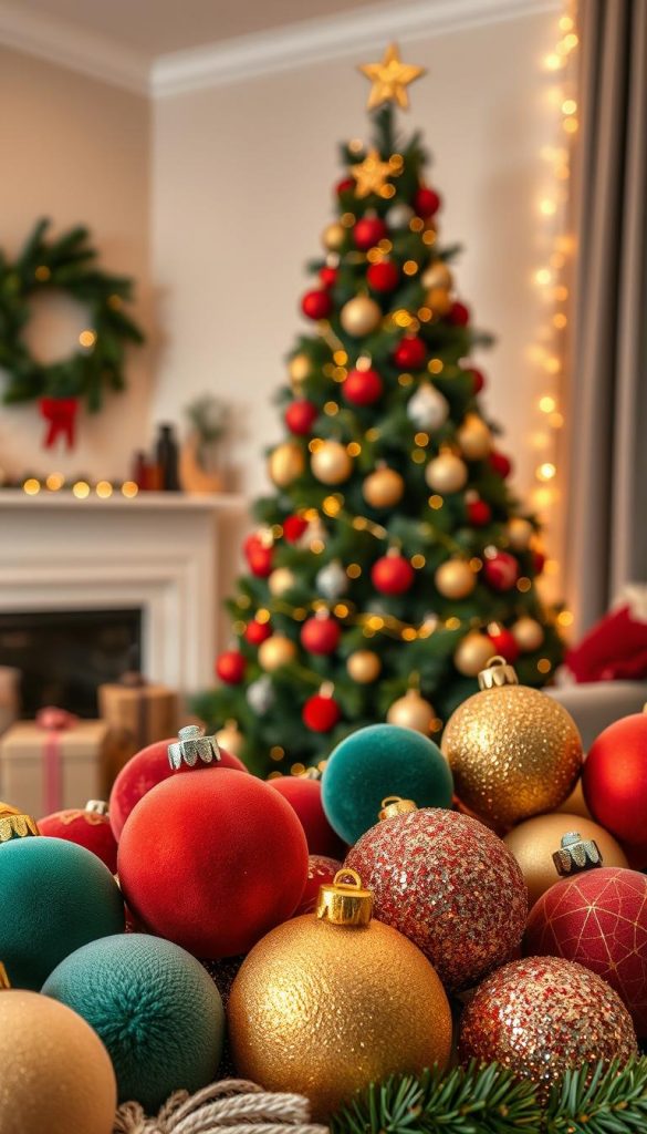 Create a warm and inviting image showcasing a variety of colorful materials and textures in the form of spherical decorations, inspired by modern Christmas tree trends for 2026. In the foreground, include a mixture of matte and glossy ornaments in rich reds, deep greens, and soft golds, featuring unique textures like velvet, glitter, and frosted finishes. The middle ground should display a beautifully adorned Christmas tree, adorned with these vibrant spheres, set against a cozy living room backdrop with soft lighting that reflects a warm, festive atmosphere. In the background, add subtle pine greenery and twinkling fairy lights to enhance the holiday spirit. The overall mood is authentic and inspirational, in line with the aesthetic of "KlickKiste," evoking a sense of creative DIY Christmas cheer.