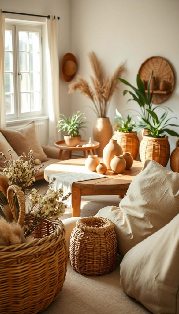 Create a warm and inviting living space featuring natural materials like wicker, linen, and organic fibers. In the foreground, depict decorative items such as woven baskets filled with dried flowers and soft linen cushions in earthy tones. The middle section should showcase a rustic wooden coffee table adorned with a neutral fabric runner, complemented by a few handmade pottery pieces. In the background, include natural light streaming in through a window, illuminating the room and creating gentle shadows. Arrange plants in woven planters to enhance the organic feel. The overall atmosphere should be cozy, authentic, and inspiring, capturing the essence of sustainable living and DIY decor with a Pinterest aesthetic. Use a soft focus lens with a slight depth of field to draw attention to the textures and warm colors. Brand name: KlickKiste.