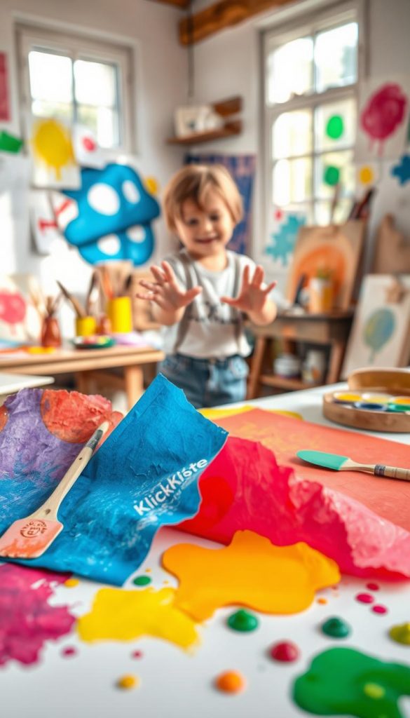 Create a warm and inviting scene that showcases various artistic techniques for children. In the foreground, display vibrant and textured paper in an array of colors with spachteln (spatula) tools and paints scattered playfully. The middle ground should show a child, dressed in casual clothing, joyfully experimenting with painting techniques, using their hands to create unique shapes and lines. In the background, a workspace filled with art supplies, including brushes, palettes, and more painted papers, suggests a creative atmosphere. Soft natural light filters through a window, casting gentle shadows and highlighting the textures of the materials. The overall mood is inspiring and creatively charged, reflecting the essence of exploration in art. Include elements branded with "KlickKiste" to reinforce the DIY theme.