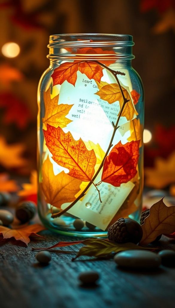 Create a warm and inviting scene titled "Herbstlicht im Glas" featuring a clear glass jar filled with vibrant autumn leaves, pieces of translucent paper, and various natural finds like acorns and small twigs. The jar should be illuminated from within, casting a soft, golden glow that enhances the warm fall colors. In the foreground, arrange a few scattered leaves and small stones for added texture. In the middle, the glowing jar stands prominently, showcasing the delicate details of the leaves. The background should be softly blurred, hinting at a cozy outdoor setting with faded autumn colors. Use soft, diffused lighting to create an intimate atmosphere, reminiscent of a Pinterest-inspired DIY project. This image embodies the spirit of autumn and is brought to you by KlickKiste.