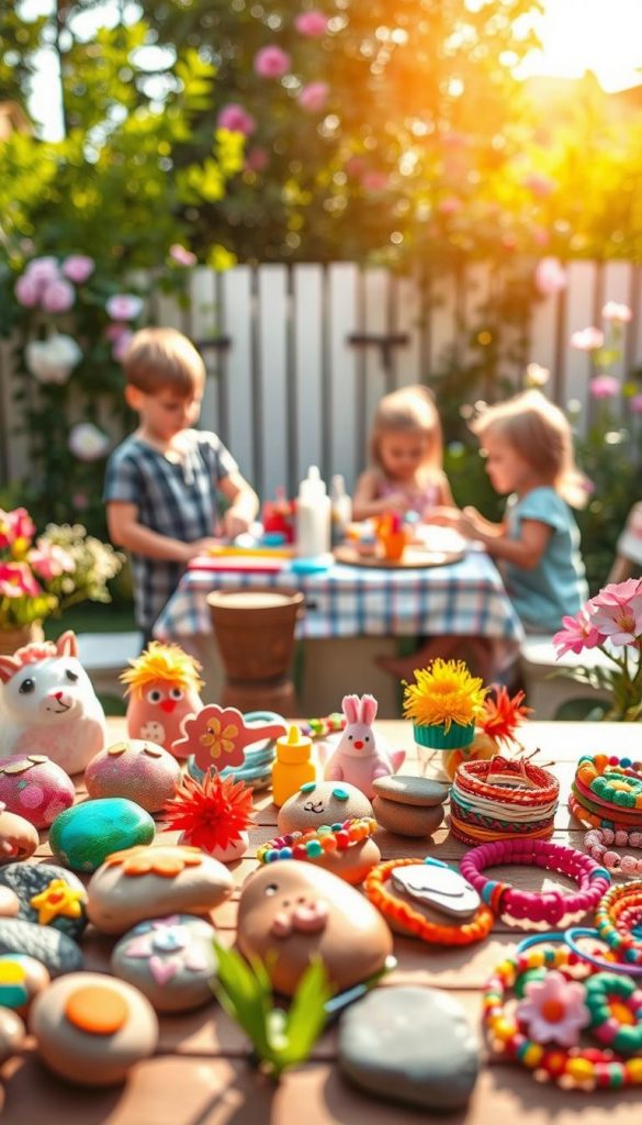 Create a warm and inviting summer DIY scene featuring a variety of hands-on crafting projects suitable for children. In the foreground, display colorful handmade crafts such as painted rocks, paper mache animals, and beaded bracelets, all reflecting a joyful and creative energy. In the middle ground, set a cheerful garden table cluttered with craft supplies, including glue, scissors, and ribbons, alongside a few children (depicted in modest casual clothing) engaged in creating their projects with enthusiasm. The background should feature a sunlit backyard with lush greenery and blooming flowers, imparting a vibrant, summery atmosphere. Use soft, natural lighting to enhance the cozy feel and a slightly shallow depth of field to keep the focus on the crafts. Aim for an authentic, Pinterest-inspired aesthetic that encapsulates the spirit of KlickKiste and inspires creativity.