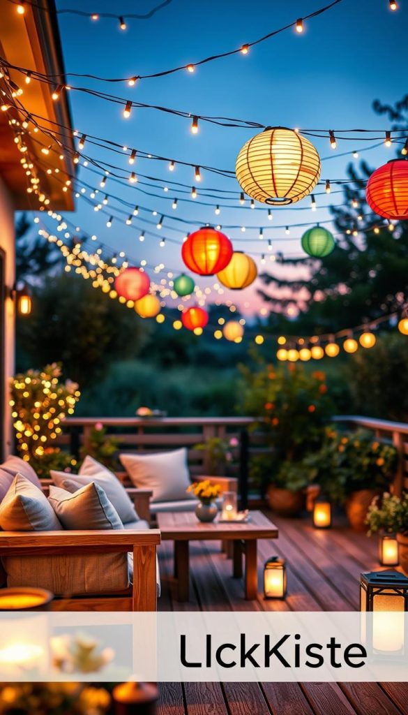Create a warm and inviting terrace scene illuminated by twinkling fairy lights (lichterketten), soft lanterns, and solar-powered LED lights. In the foreground, place a cozy seating area with natural wooden furniture adorned with plush cushions in pastel colors. The middle ground features strings of glowing fairy lights draped overhead, interspersed with colorful paper lanterns that emit a gentle diffused glow. In the background, lush greenery and soft bokeh effects create a serene atmosphere. Use golden hour lighting for a magical sunset effect, highlighting the warm hues and creating a sense of relaxation. Aim for a Pinterest-inspired look, blending authenticity with inspiration, perfect for showcasing DIY ambiance ideas. Include elements that evoke a charming summer evening setting, ensuring the branding “KlickKiste” subtly integrates into the scene.