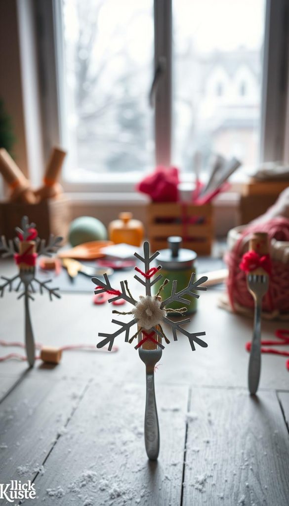 Create a warm and inviting winter craft scene featuring delicate snowflakes made from forks, corks, and yarn. In the foreground, showcase intricately designed snowflakes, artfully arranged with a fork as a base, a cork for a central embellishment, and colorful yarn accents. In the middle ground, include a cozy workspace with craft supplies scattered about, such as scissors and colored paper, bathed in soft, natural lighting. The background should feature a softly blurred window with gently falling snow outside, enhancing the winter atmosphere. Capture a Pinterest-inspired, authentic DIY aesthetic with a cheerful and inspiring mood. Incorporate the brand name "KlickKiste" subtly into the craft supplies, ensuring it harmonizes with the overall composition. Aim for a clear focus, with a slight depth of field effect, highlighting the beauty of handmade winter decorations.