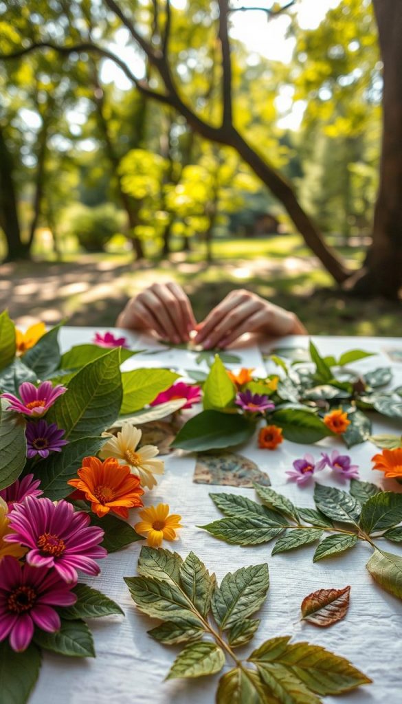 Create a warm, inviting image that showcases the art of leaf printing and natural stamping, capturing the intricate details of leaf ribs, veins, and forms. In the foreground, display a beautifully arranged assortment of fresh green leaves and colorful flowers, some stamped onto textured paper with vibrant natural dyes, creating an artistic scene. In the middle, include a pair of hands gently pressing leaves onto paper, highlighting a DIY crafting moment. The background should feature a serene outdoor setting with soft sunlight filtering through trees, casting dappled shadows. Use a shallow depth of field to emphasize the crafting elements, conveying a cozy, inspiring atmosphere perfect for a spring or summer project. This image reflects the nature-themed DIY aesthetic of KlickKiste.