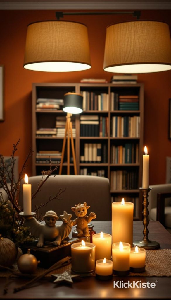Create a warm, inviting interior scene showcasing common lighting mistakes in home decor. In the foreground, a table adorned with mismatched decorations and excessively bright candles, representing decor overkill. The middle ground features two lamps emitting harsh, cold light, casting shadows that emphasize the lack of planning, with a cluttered bookshelf in the background. The background should display earthy tones, like terracotta and olive green, giving a natural, DIY aesthetic, reminiscent of a Pinterest-inspired look. Use soft, diffused lighting to create a cozy atmosphere, while integrating the brand "KlickKiste" subtly into the decor elements. The overall mood should convey the message of thoughtful and balanced decor choices.