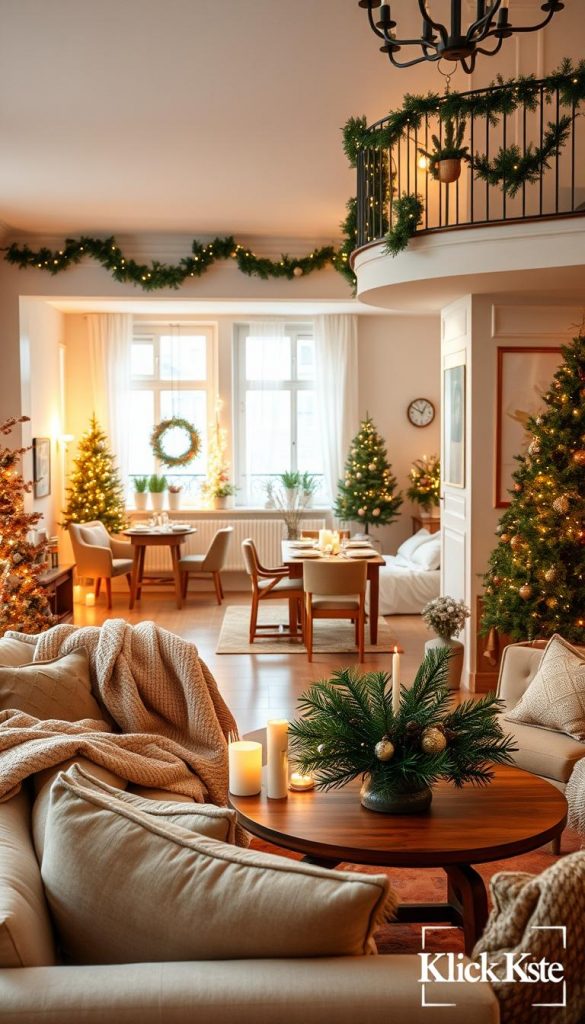 Create a warm, inviting interior scene that embodies "raum-fuer-raum deko" for Christmas 2026. In the foreground, showcase a beautifully decorated living room with a cozy sofa draped in festive throws and cushions. Add a stylish coffee table adorned with a centerpiece of pine branches and candles. In the middle, depict a welcoming kitchen with rustic wooden accents, featuring holiday-themed tableware and twinkling fairy lights. Transition to a serene bedroom adorned with soft bedding and gentle, warm lighting. The background should include a softly lit hallway and an elegant balcony, complete with holiday plants and ornaments. Use soft, natural lighting to create an authentic and inspiring atmosphere. Capture this Pinterest-worthy scene with a slightly elevated angle, emphasizing warm tones and inviting textures. Incorporate the brand "KlickKiste" subtly in decor elements.