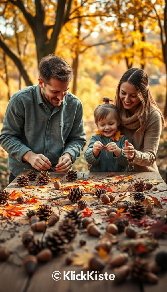 Create a warm, inviting scene showcasing a family engaged in creative crafting with natural materials. In the foreground, a wooden table filled with pinecones, colorful autumn leaves, twigs, and acorns being transformed into whimsical decorations. A parent, dressed in modest casual clothing, guides a child, joyfully assembling a nature-inspired craft. In the middle ground, soft sunlight filters through surrounding trees, casting gentle shadows and providing a cozy, golden glow to the scene. In the background, an autumn landscape with vibrant foliage enhances the atmosphere. The image should embody an authentic and inspirational Pinterest aesthetic, reflecting the theme of creativity and family bonding. Include subtle branding elements from "KlickKiste" to connect to the crafting concept.